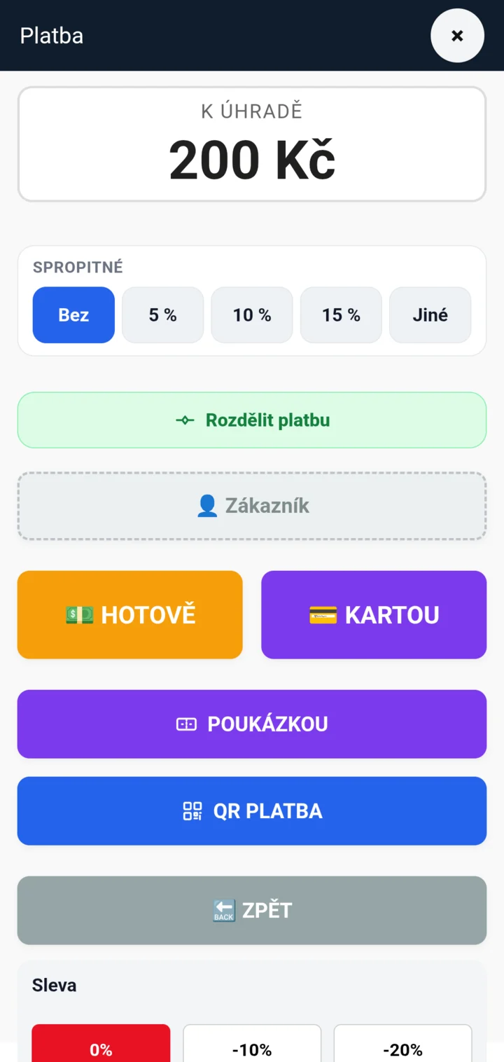 Platební okno v AndaPOS na telefonu: spropitné, rozdělení platby, hotově, kartou, poukázkou a QR platba