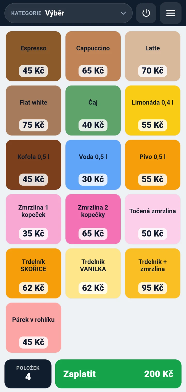 AndaPOS na telefonu: prodejní obrazovka s nákupem za 200 Kč