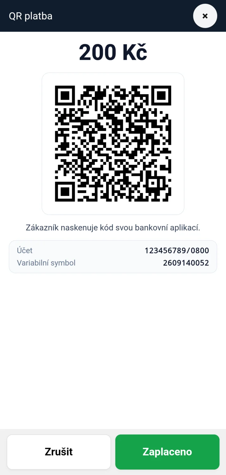 Okno QR platby v AndaPOS: částka 200 Kč, QR kód, číslo účtu a variabilní symbol